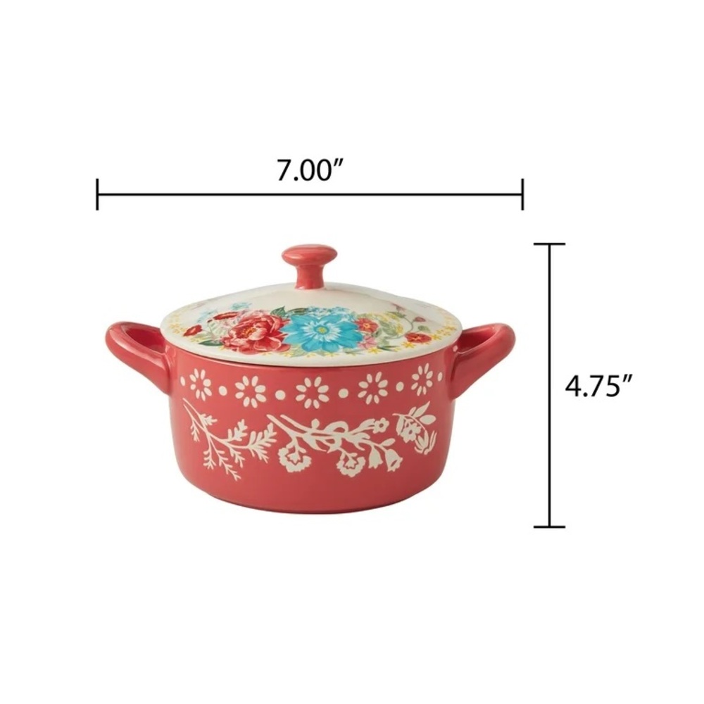 Pioneer Woman 1 Quart Cocotte With Lid Fancy Flourish Red Floral New